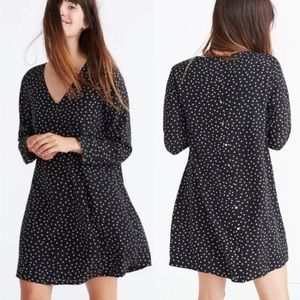 Madewell Shift Dress Black Star Print Scatter V Neck Button Back Silk